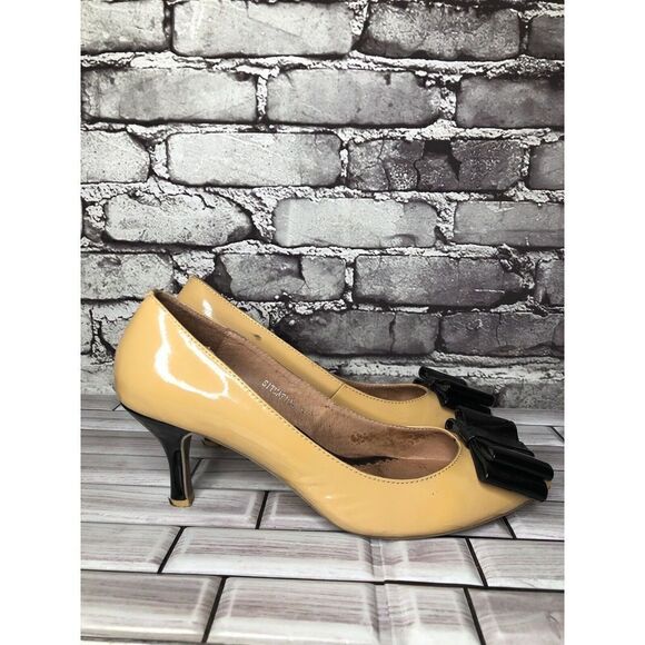 Jeffrey Campbell Ibiza Situation Tan Black Patent Bow Heels Women Sz 9M US/40EU - Picture 1 of 16
